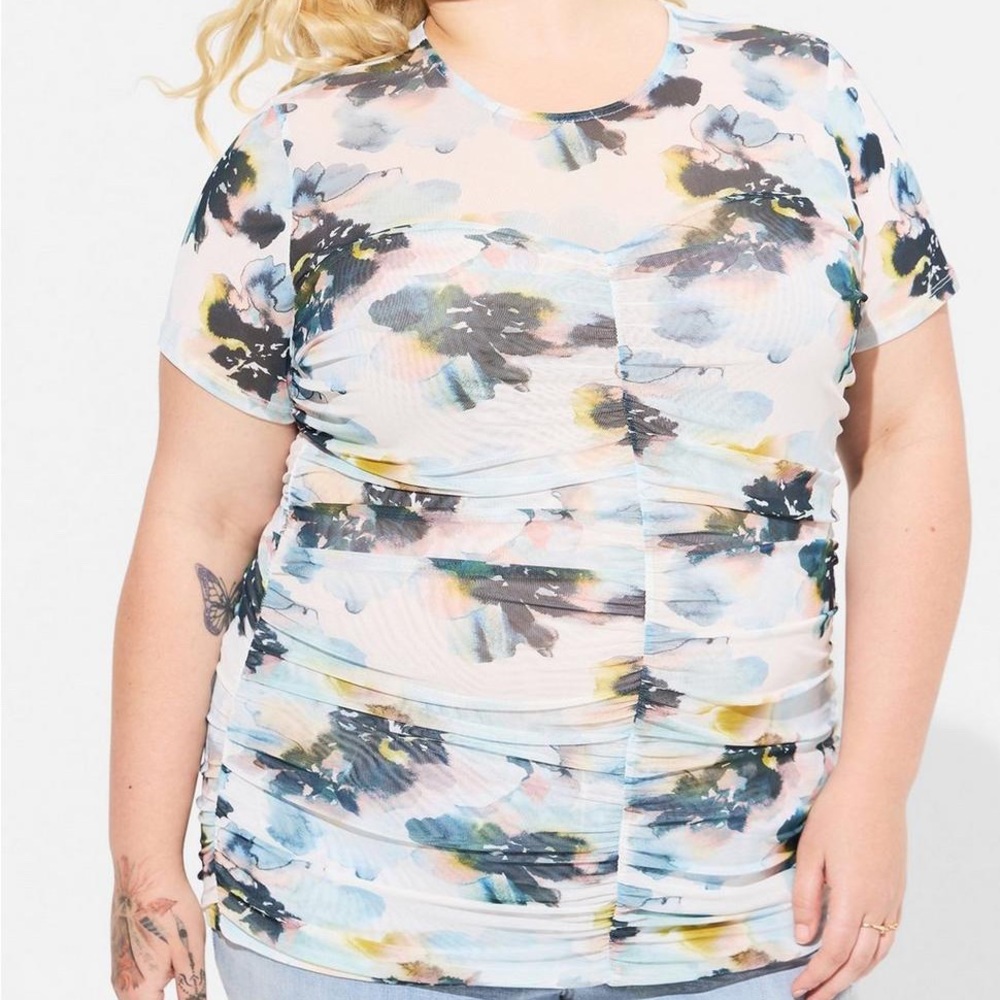 Torrid Stretch Mesh Crew Neck Floral Ruched Top